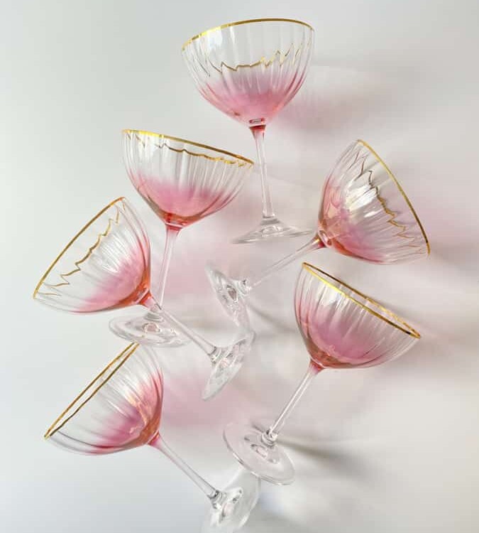 Champagneskål i pink med guld, champagneglas, glas med 24 karat guld, champagneskål, champagneglasses, remix by sofie, partyglasses,